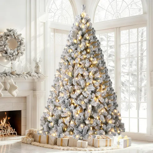 Vista 11 de Árbol de Navidad artificial flocado de nieve de 6 pies, árbol de Navidad delgado sin luz con piñas, puntas de ramas de PVC, soporte de metal