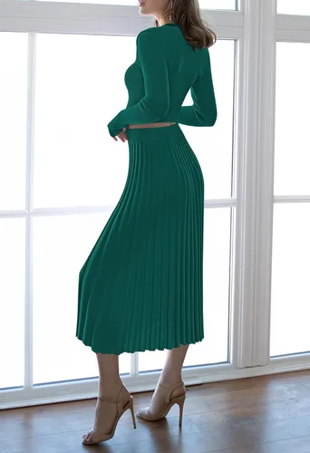 Vista 4 de Pink Queen Women's 2 Piece Sweater Outfits Set Crop Top Long Sleeve Split Bodycon Pleated Midi Long Skirt Knit Dress