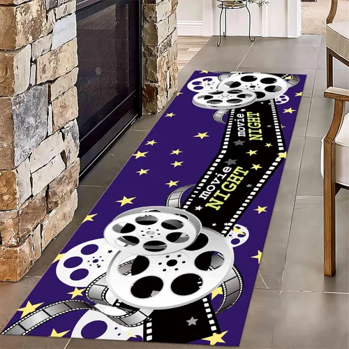 Vista 17 de Alfombra retro de cine en casa, 1.3 x 7 pies, patrón clásico de tablilla negra y carrete de película, alfombra decorativa antideslizante para sala