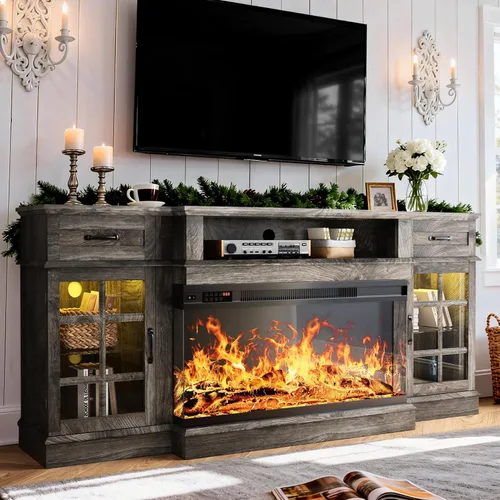 Vista 13 de MXV Soporte de TV con chimenea de 70 pulgadas, chimenea de vidrio de 3 lados y centro de entretenimiento moderno, consola multimedia de madera