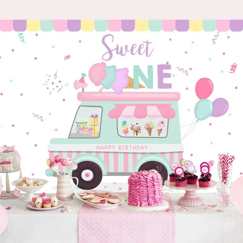 Vista 3 de Lofaris Telón de fondo para tienda de helados con texto en inglés «Happy Birthday» Sweet One Summer Baby Girls Party Photography Background 1st