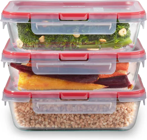 Vista 10 de Pyrex Freshlock - Juego de 10 recipientes de vidrio herméticos para almacenamiento de alimentos de tamaños variados, sin tóxicos, con tapas