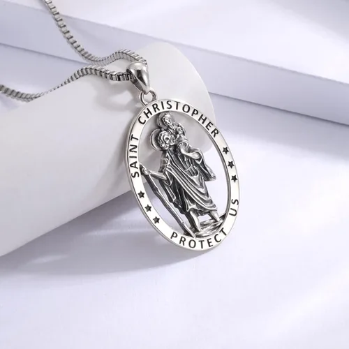 Vista 4 de Collar de plata de ley San Cristóbal Micheal Jude Taddaeus Virgen María para mujeres y hombres, colgante de medalla de amuleto, joyería de regalo
