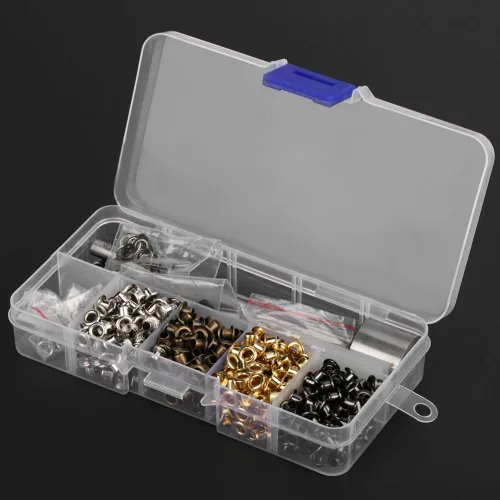 Vista 5 de Arandela de ojales con 3 piezas de herramientas de trabajo manual con caja de almacenamiento para zapatos, ropa, cuero, manualidades