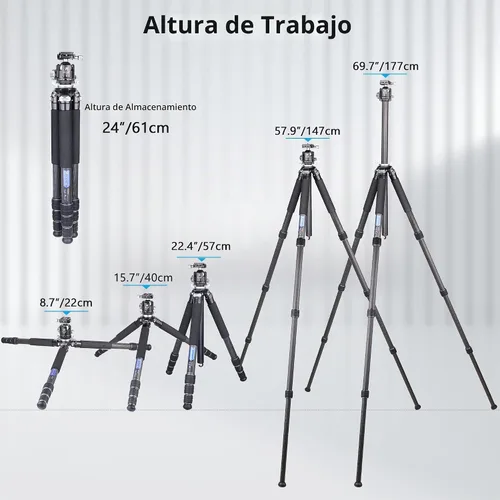 Vista 6 de Trípode de cámara de fibra de carbono con cabeza de bola de perfil bajo de 1.732 in, trípode compacto profesional ARTCISE NS85C, columna central