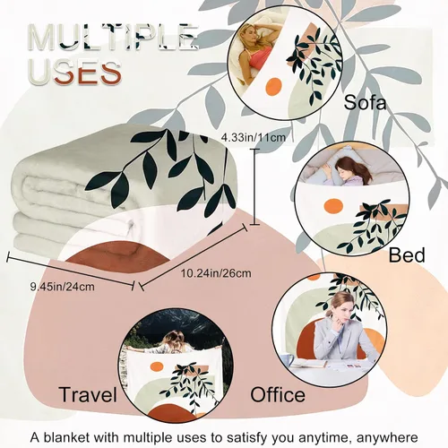 Vista 3 de Manta bohemia de franela de doble cara con sol y hojas, adecuada para adultos y niños en el sofá, automóvil, siesta de cama, manta cálida y cómoda