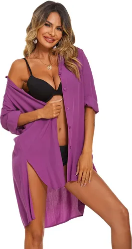 Vista 2 de AOLRO Camisas de playa para mujer, con botones, cuello en V, para cubrir el traje de baño