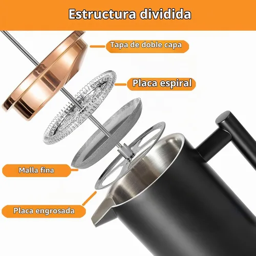 Vista 4 de Prensa Francesa Pequeña 350ml Negra, Prensa Francesa de Acero Inoxidable con Pared Doble Aislada para Viaje y Camping, Cafetera de Café Colado