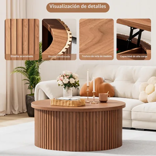 Vista 4 de Fsbecl Mesa de Centro de Tapa Elevable Acanalada con Almacenamiento Oculto, Mesa de Centro Redonda de 31.6 Pulgadas para Sala de Estar, Mesas Nogal