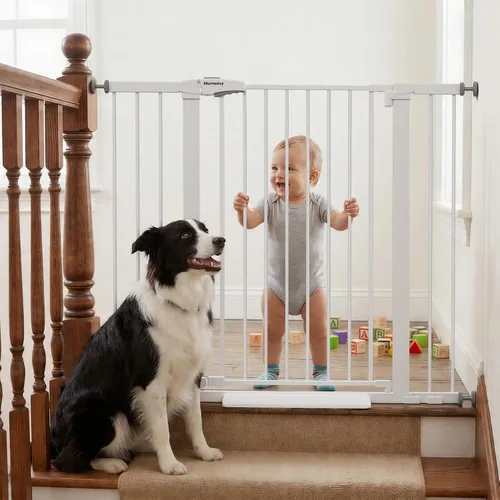 Vista 18 de Puerta de bebé para escaleras, puerta de perro con cierre automático de 29.7-43 pulgadas para puertas y pasillos, puerta para mascotas montada a