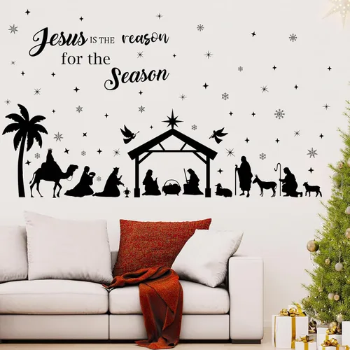 Vista 3 de Glenmal 6 calcomanías de pared de Pascua de 11.42 x 8.27 pulgadas, calcomanías de pared religiosas grandes de color negro, decoración de pared
