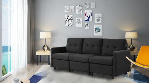Vista 16 de Sofá seccional modular de 3 plazas, sofá tapizado espacio pequeño del brazo de lino Gris claro