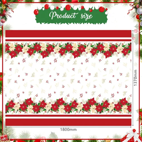 Vista 2 de Juego de manteles de plástico de 3 piezas, patrón de flor de pascua, rojo, rectangular y ovalado, desechable, resistente a las manchas