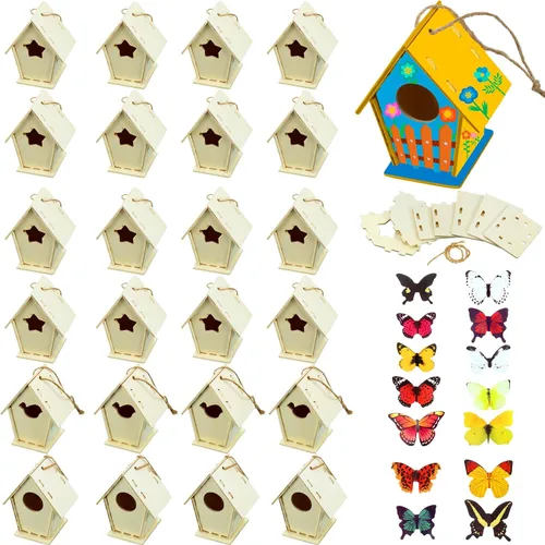Vista 5 de Outus 12 kits de manualidades de madera para construir, casa de pájaros sin terminar de madera de 4 formas con calcomanía de mariposa