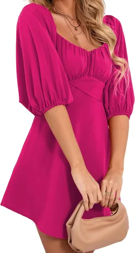 Vista 6 de Umenlele Vestido corto casual para mujer, cuello cuadrado, fruncido, lazo en la espalda, media manga, acampanado