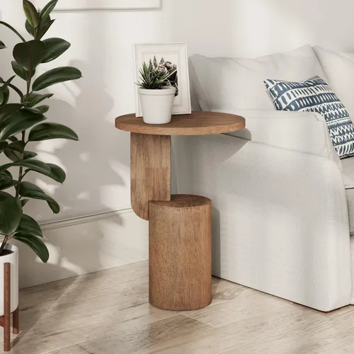 Vista 8 de COZAYH Farmhouse - Mesa alta para bebidas con base de diseño geométrico, natural Mesa auxiliar minimalista moderna redonda de madera en forma de C