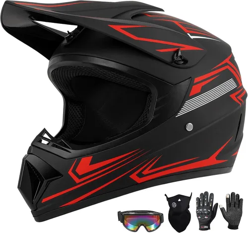 Vista 12 de Juego de 4 cascos de motocross para niños y jóvenes (guantes con gafas), casco de motocicleta de cara completa aprobado por DOT, ATV, BMX, bicicleta