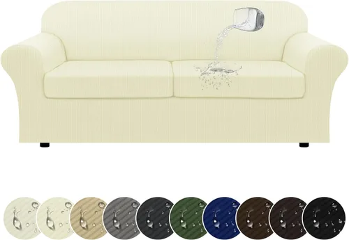 Vista 14 de Funda impermeable para silla con brazos, juego de 2 piezas, funda a rayas para 1 sofá separado con cojín en T, fundas de sillón de tela