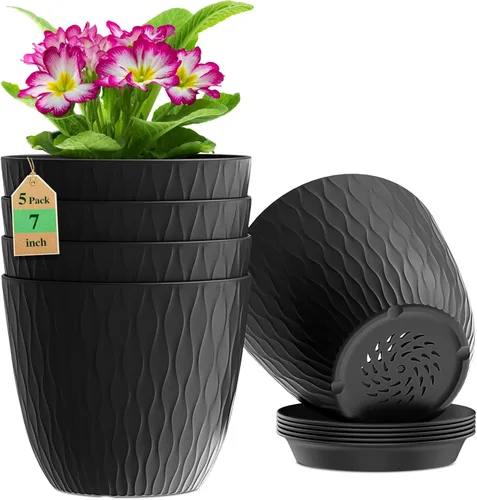 Vista 8 de WSMKSZ Macetas de 7 pulgadas, paquete de 5 macetas con agujeros de drenaje y platillos para plantas de interior, macetas de plástico con ondas