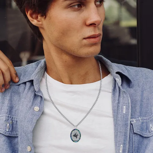 Vista 4 de Collar con colgante de plata de ley 925 de abulón, collar con medallón de zorro, araña, lobo, regalo de joyería para hombres, mujeres y niños