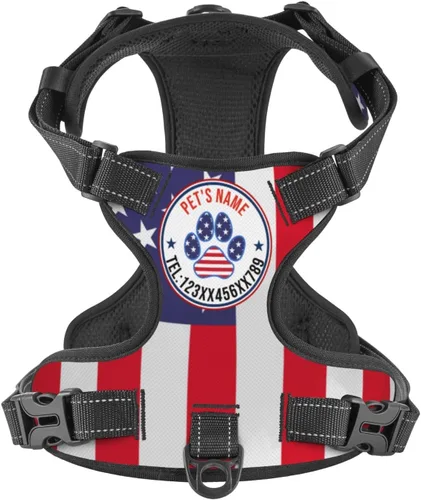 Vista 25 de Arnés personalizado para perro sin tirones, chaleco personalizado de hueso de perro con nombre de mascota, arnés reflectante ajustable personalizado