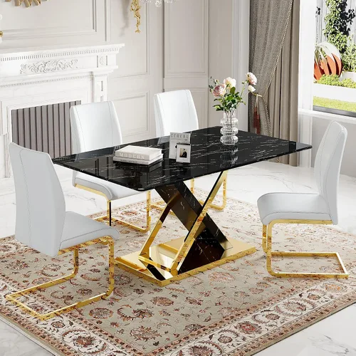 Vista 33 de Juego de mesa de comedor de mármol para mesa rectangular blanca de 6.63 pulgadas con marco de metal plateado en forma de X y 6 sillas de comedor