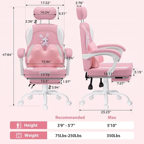 Vista 2 de Silla de juegos rosa para niñas y niños, sillas de computadora de masaje con lindo conejito Cute Silla Gamer 135° Reclining Game Cahir with