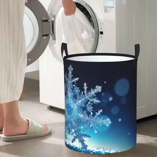 Vista 7 de Blue christmas snowflake print Circular Hamper Waterproof Storage Bin Organizer Basket Laundry Hamper With Handles For Clothes Toys Small