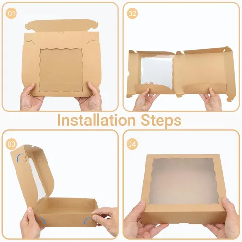 Vista 7 de 25 cajas de panadería marrones de 9 x 9 x 2.5 pulgadas con ventana para galletas, macarrón, fresas cubiertas de chocolate, mini pastel, trufa
