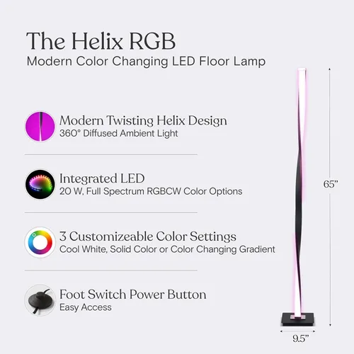 Vista 3 de Brightech Helix - Lámpara de pie LED moderna que cambia de color, lámpara de pie de 48 pulgadas de alto con gradiente de color RGB y poste