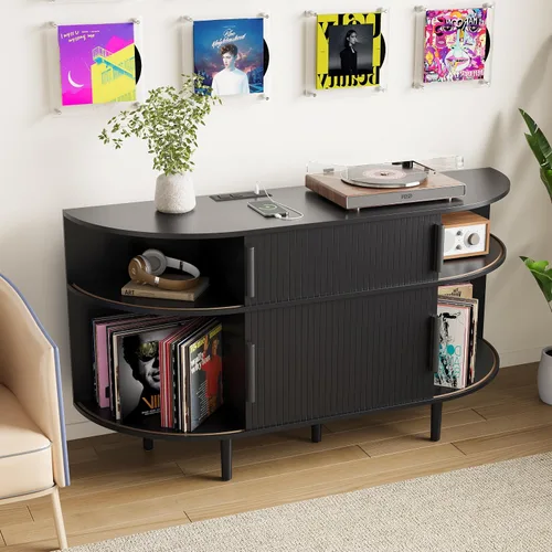 Vista 7 de Soporte grande para tocadiscos, gabinete de almacenamiento de discos de vinilo de madera de 55 pulgadas con estación de carga y puertos USB, mesa