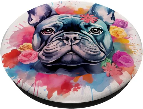 Vista 2 de Colorido Bulldog Francés Acuarela Arte Mascota Perro Mamá PopSockets Intercambiable PopGrip