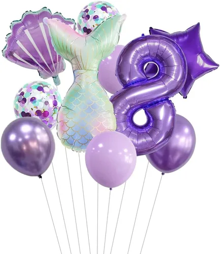 Vista 18 de 7 globos de sirena con números para fiesta de cumpleaños de 1, 2, 3, suministros de decoración de cola de sirena para niñas (número 0)