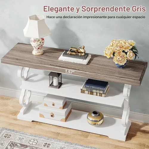 Vista 6 de Tribesigns Mesa consola de granja, mesa de sofá de 55 pulgadas de largo con estantes de almacenamiento, mesa de entrada de madera de 3 niveles