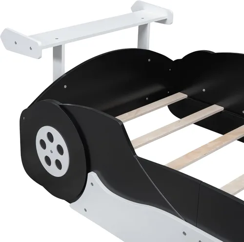 Vista 6 de Cama de plataforma en forma de auto de carreras de tamaño individual con ruedas, plataforma de madera con soporte de listones resistentes y rieles