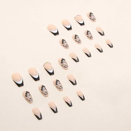 Vista 2 de Foccna Uñas postizas a presión negras francesas medianas, uñas postizas de mariposa, uñas postizas acrílicas de ataúd nude, uñas artificiales