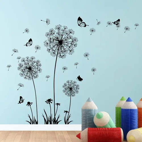 Vista 5 de Calcomanías de pared de diente de león, removibles, calcomanías de pared de flores para despegar y pegar, murales de mariposas florales, decoración
