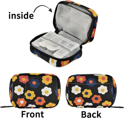 Vista 5 de Fustylead Groovy - Organizador de píldoras de flores, estilo bohemio, retro, 2 veces al día, con cremallera, dispensadores semanales portátiles