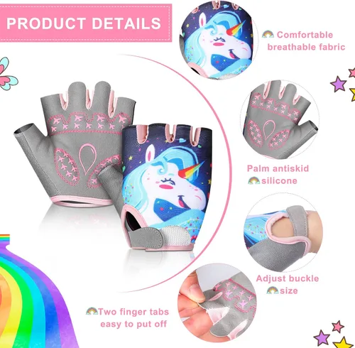 Vista 2 de Funtery 2 pares de guantes deportivos de ciclismo para niños, guantes de medio dedo de unicornio, guantes de ciclismo para niños y niñas, guantes
