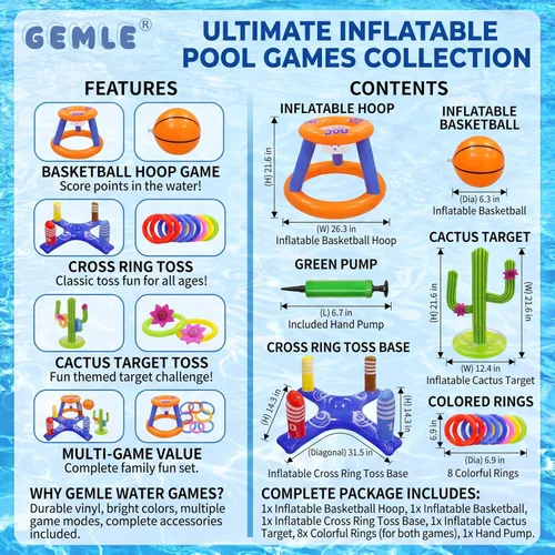 Vista 4 de Juego de juguetes de piscina, aro de baloncesto inflable para piscina, juego de lanzamiento de anillos cruzados y cactus inflables para niños