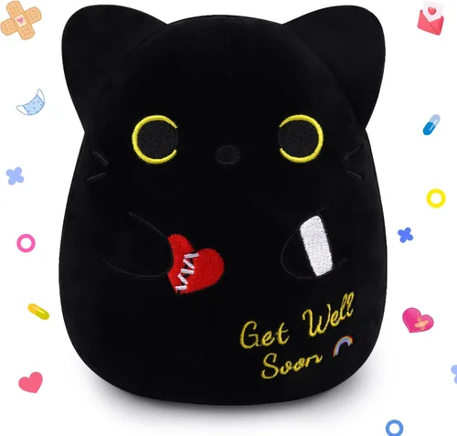 Vista 9 de Regalos para mujeres y niños, peluche de gato negro de 8 pulgadas, animales de peluche con texto en inglés "Get Well Soon", peluches de gato kawaii