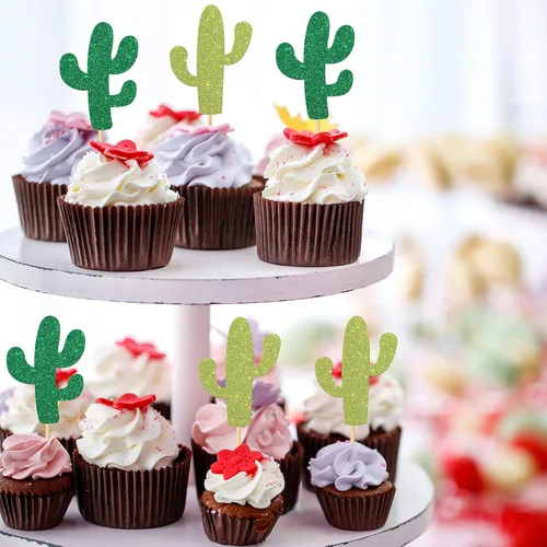 Vista 2 de 24 piezas de decoración de cupcakes de cactus con temática mexicana para cupcakes, fiesta de tacos, cumpleaños, boda, fiesta, suministros