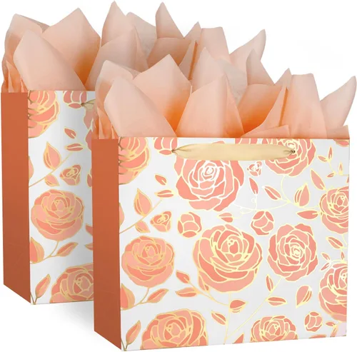 Vista 7 de DecorWoo Bolsa de regalo grande de oro rosa de 13 pulgadas, bolsa de regalo floral con papel de seda y tarjeta de felicitación, elegantes bolsas