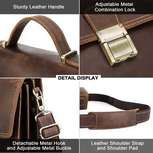 Vista 4 de Contacts Bolso bandolera pequeño de cuero de grano completo para hombres con candado, maletín de viaje, bandolera, Cerradura marrón