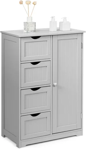 Vista 10 de COSTWAY Armario de almacenamiento de baño, organizador de almacenamiento de madera con 4 cajones profundos y estante ajustable, gabinete de piso
