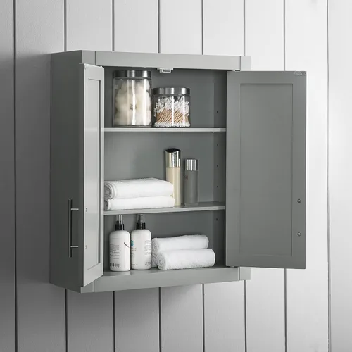 Vista 8 de Crosley Furniture Savannah Armario de almacenamiento para baño montado en la pared con estantes para medicinas, Gris