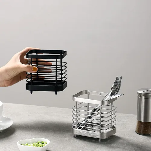Vista 5 de Soporte para utensilios, estante de secado de fregadero de acero inoxidable, soporte para cubiertos de cubiertos, escurridor de cubiertos para Negro