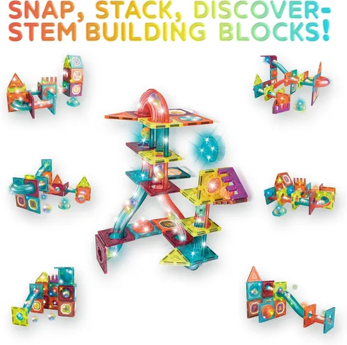 Vista 6 de Contixo Juguetes de construcción STEM – Juego de 65 piezas de azulejos magnéticos de mármol 3D para aprendizaje, apilables, juego de bloques