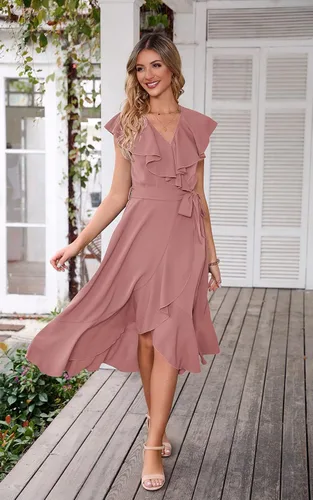 Vista 7 de PRETTYGARDEN Vestido largo cruzado de verano para mujer, estilo casual, bohemio, cuello en V profundo, manga corta, dobladillo con volantes, vestido