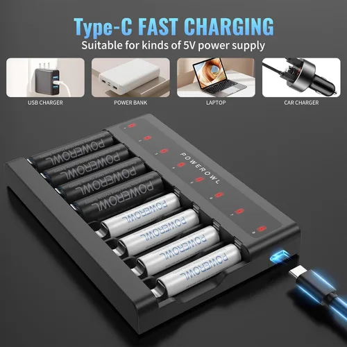 Vista 6 de POWEROWL Baterías AAA recargables de alta capacidad PRO con cargador de batería AA AAA 8 bahía